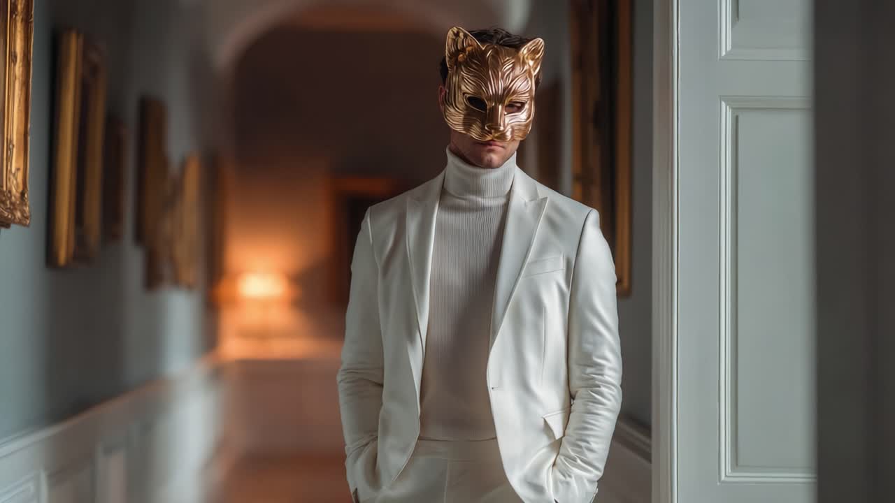 A Mysterious Figure in a Lion Mask Stands Elegantly in an Opulent Hallway, Blending Intrigue with Refinement in a Majestic Setting