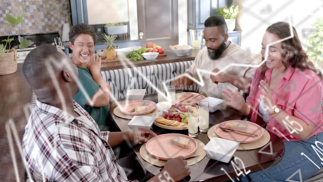 Bearded man gesturing at table, sharing gains, sparking finance charts overlaying group then easing
