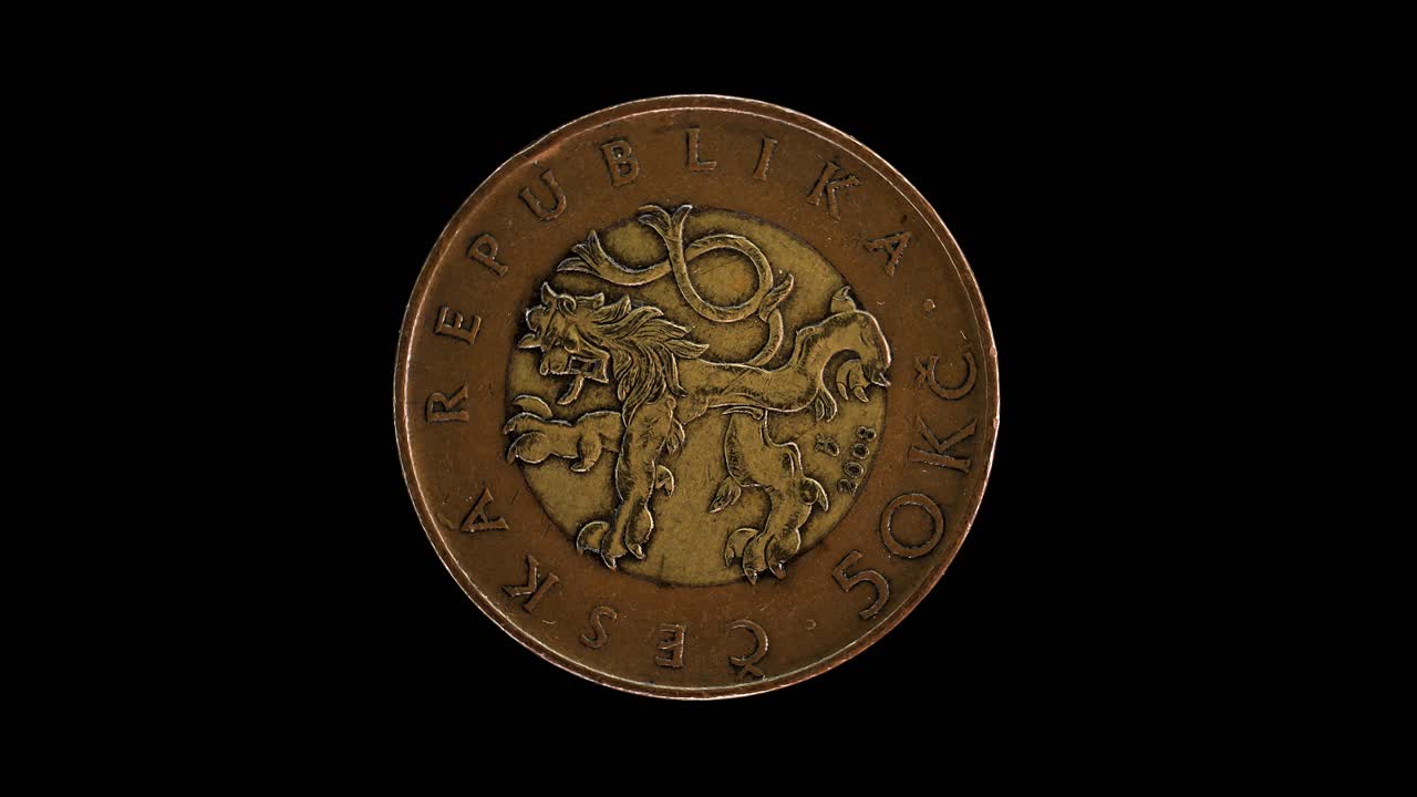 Czech Republic 50 korun 2008 obverse with crowned lion, macro loop on black background