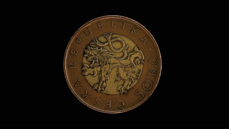 czech republic 50 korun 2008 obverse with crowned lion, macro loop on black background
