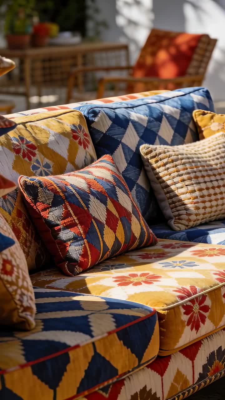 Vertical video: Camera panning patterned sofa revealing pillows at sunlit patio, showcasing fabric