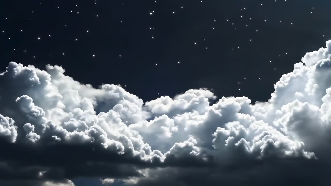 A mesmerizing video still of a starry night sky with fluffy clouds, captured from a low angle