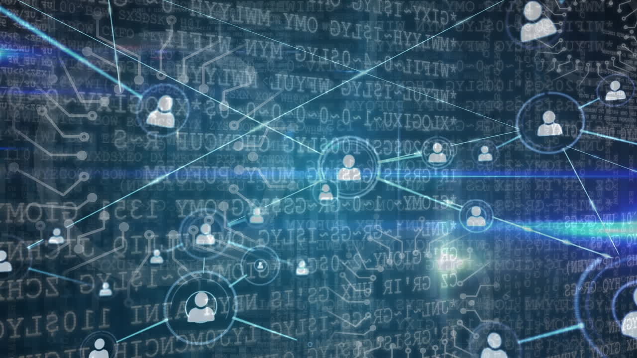 Animation of network of profile icons over data processing and spot of light against blue background