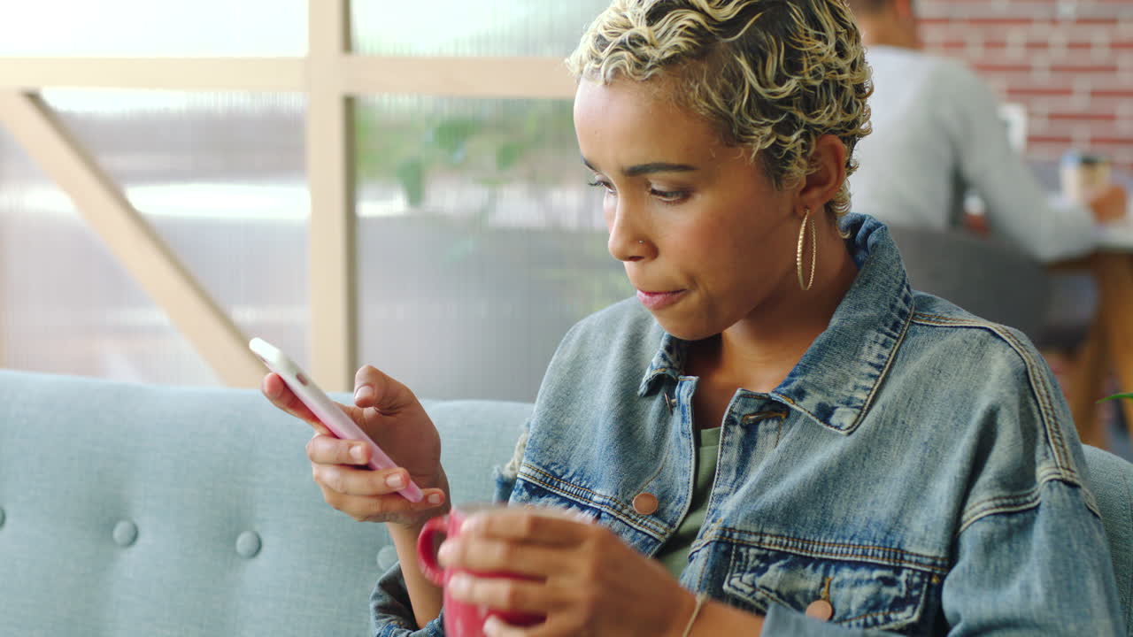 Phone, seo woman drink coffee and designer