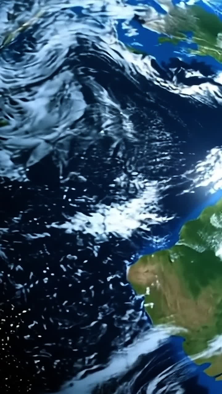 Nighttime earth view from space. Earth is illuminated by city lights as seen from space, showcasing coastline and cloud patterns against a dark backdrop.