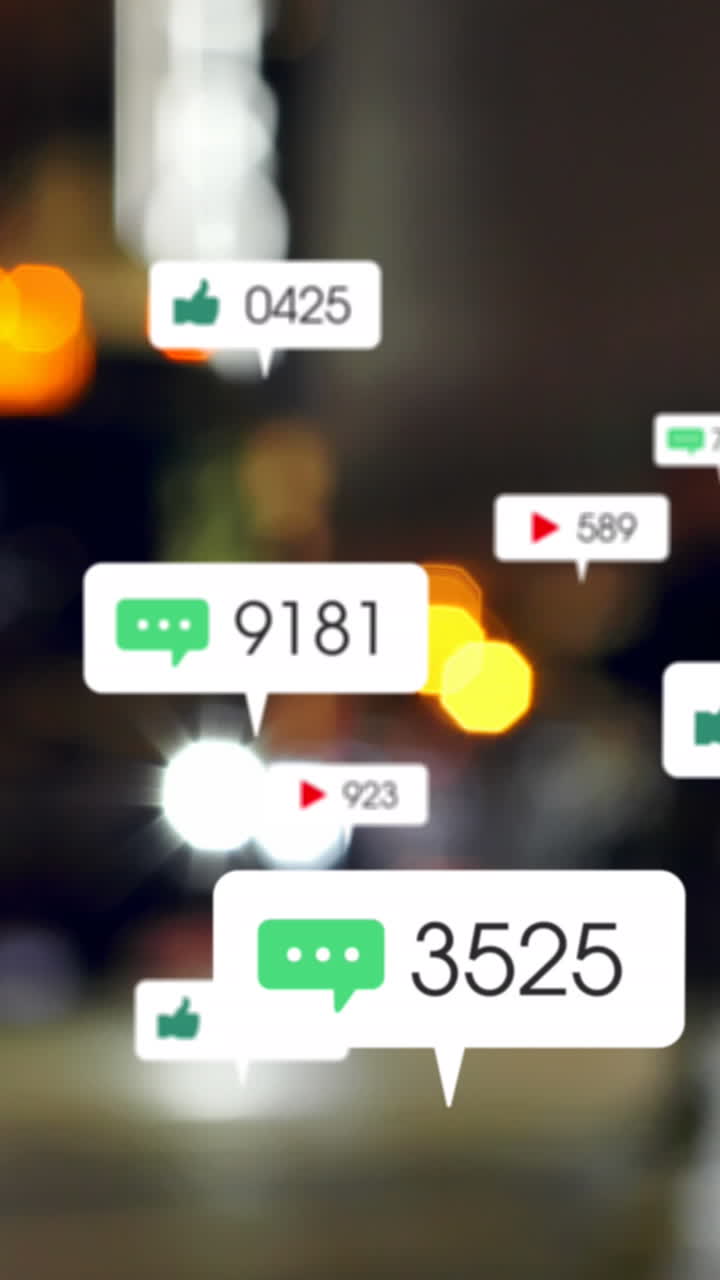 Animazione di icone e numeri dei social media su semafori sfocati