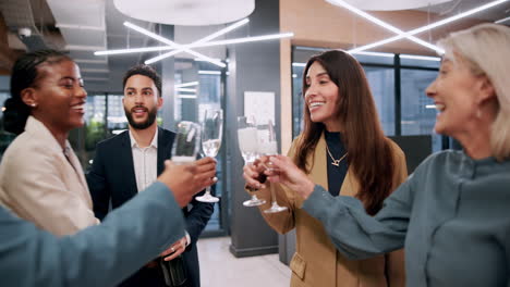 business colleagues celebrating with champagne at the office