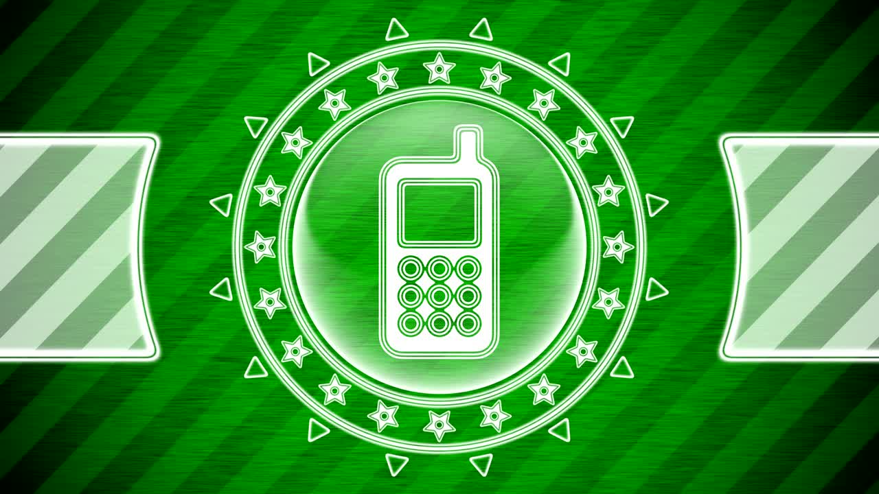 원 모양의 모바일 아이콘과 초록색 줄무 배경.