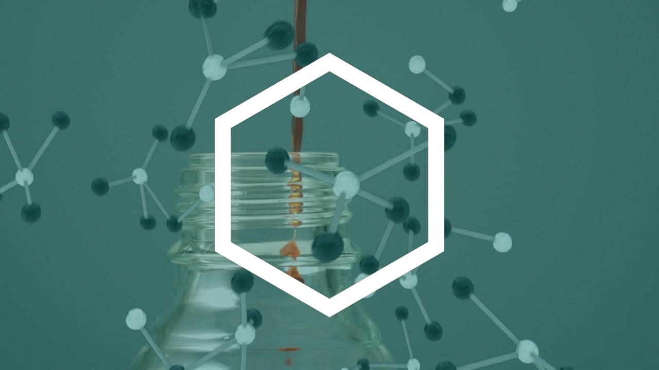 Animation of hexagons and molecules over liquid pouring into bottle