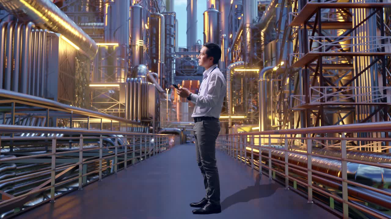 Full Body Side View Of Asian Male Worker Standing With His phone At A Vast Oil Refinery, He Observes By Looking Around Before He Come To Concentrating With His smartphone