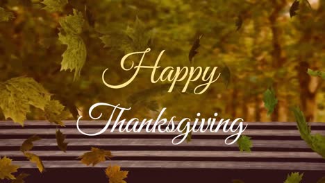 animation of happy thanksgiving text banner and autumn leaves falling against bench in a park
