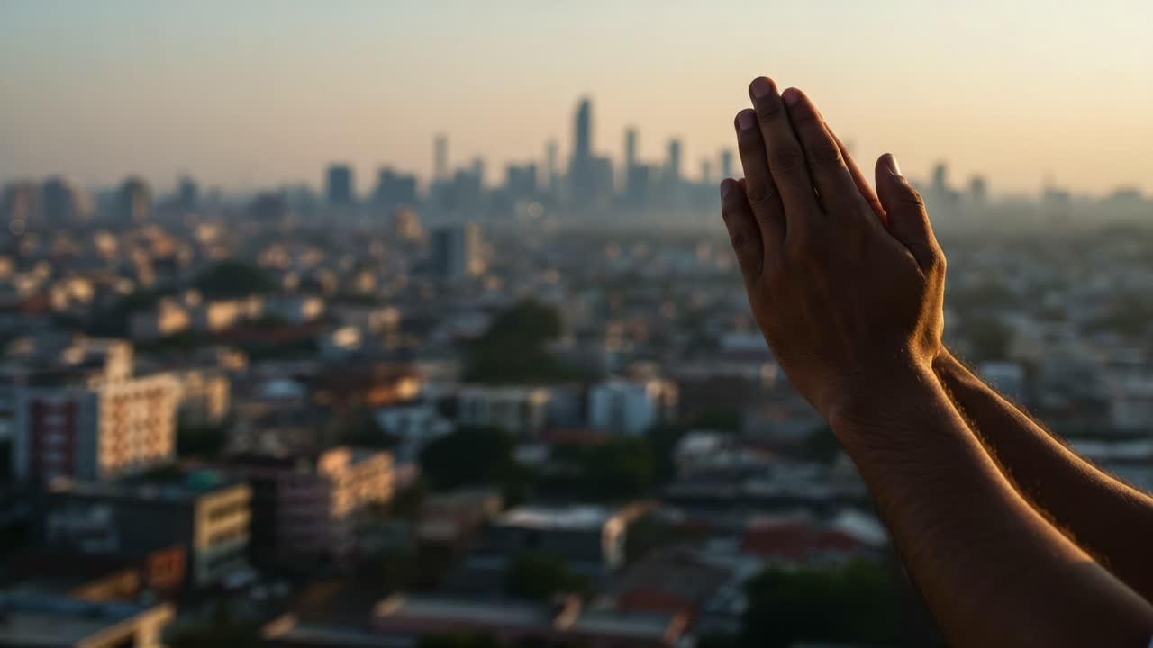 A Serene Moment of Gratitude: Hands in Prayer Pose Against a Beautiful Urban Skyline at Dusk