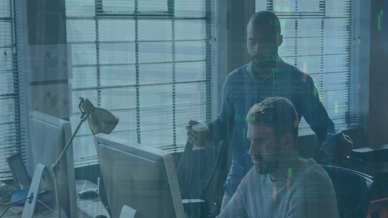 Animation of financial data processing over diverse business people in office