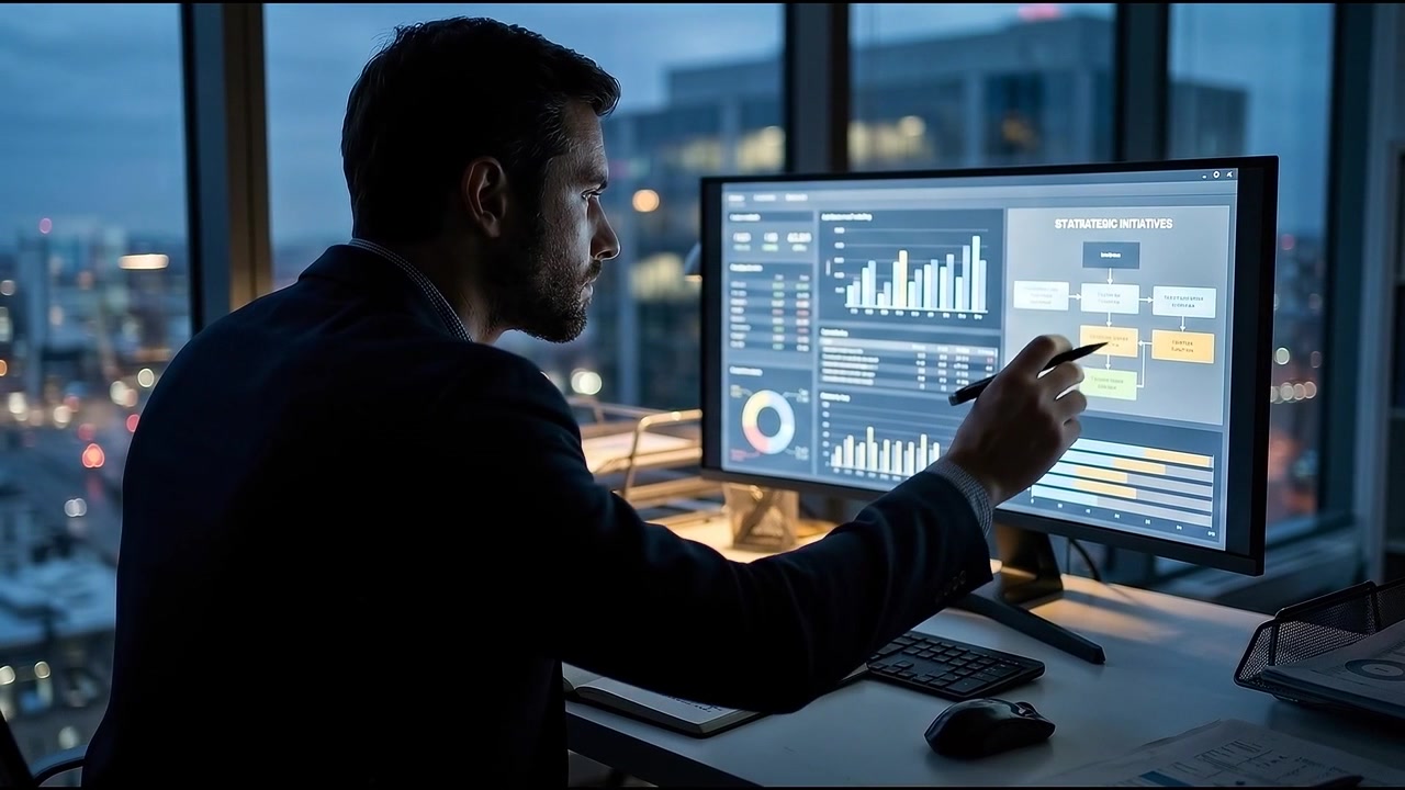 Businessman Analyzing Financial Data on Computer in Night Office