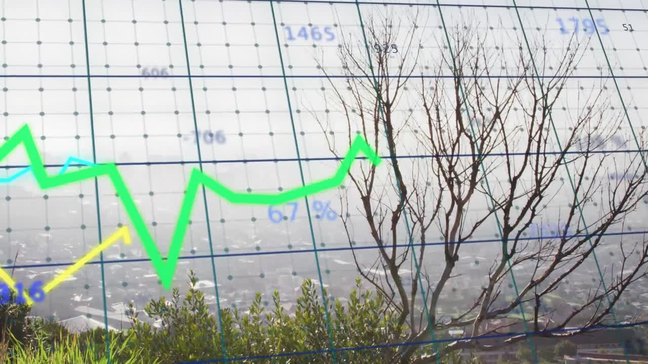 선 그래프와 숫자의 애니메이션과 그리드가 풍경의 공중 뷰를 이동합니다.