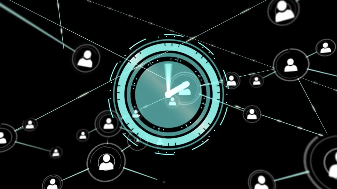 Animation of network of connections with icons and clock moving over black background