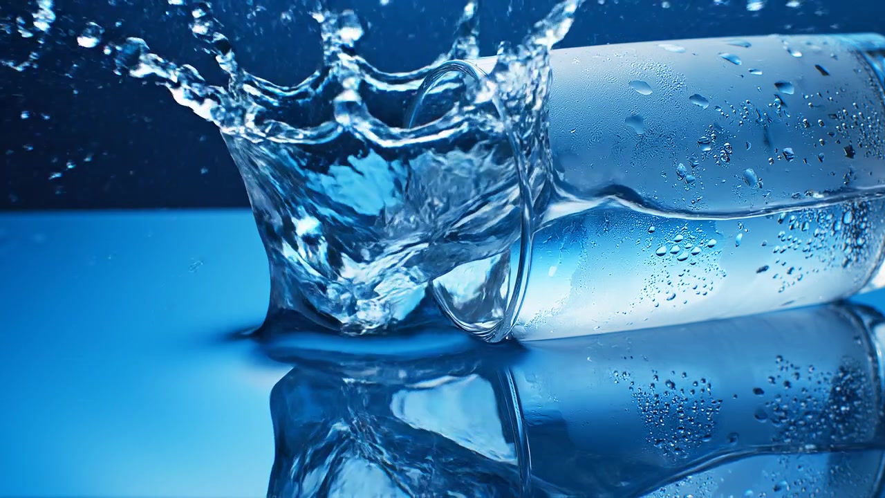 Fresh cold water pouring into a glass with condensation