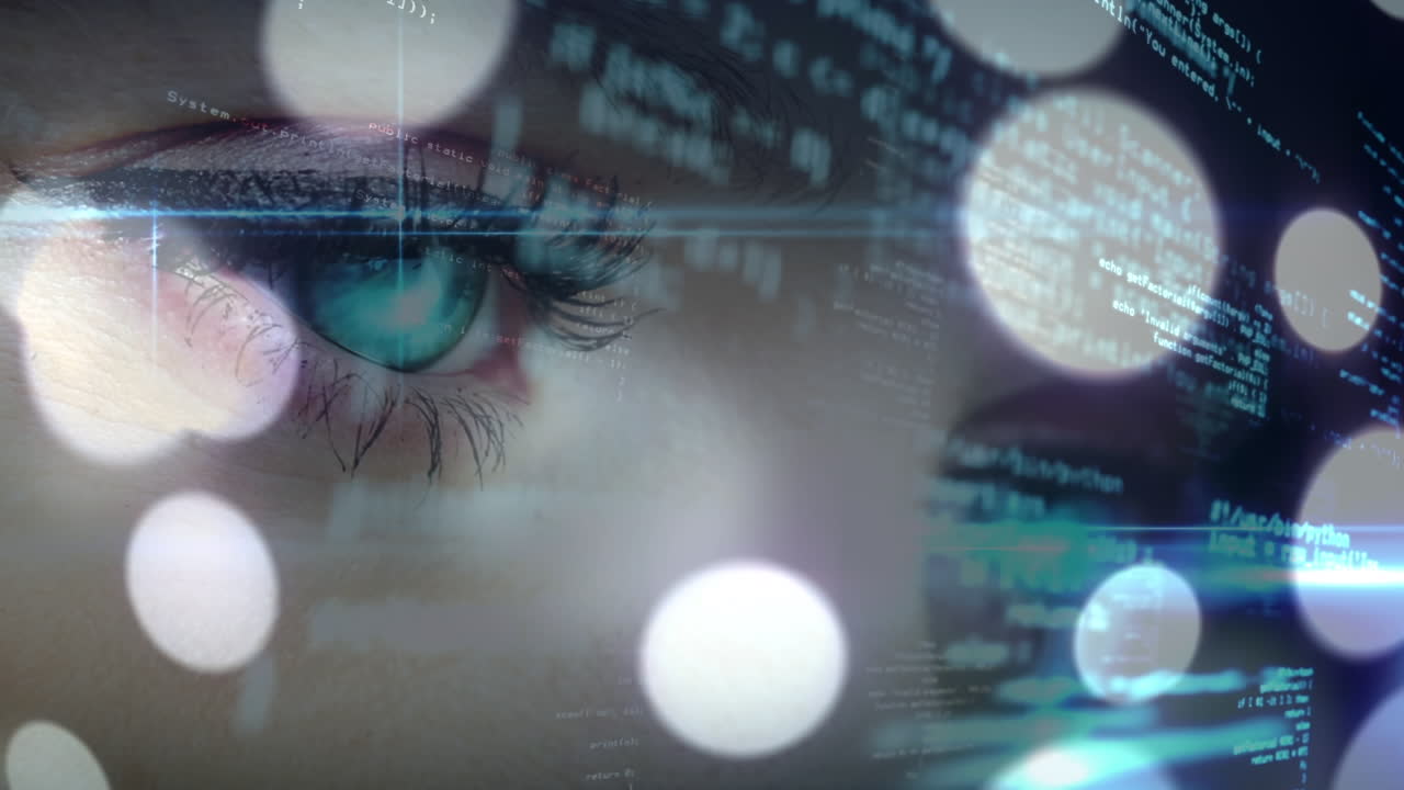 punti luminosi di luce e elaborazione dei dati contro gli occhi femminili da vicino