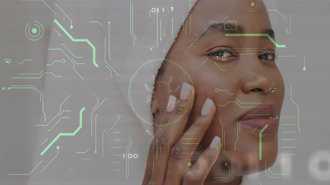Woman performing skincare scanning with binary streams circular overlay and bug icon in beauty tech