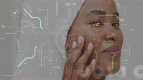woman performing skincare scanning with binary streams circular overlay and bug icon in beauty tech