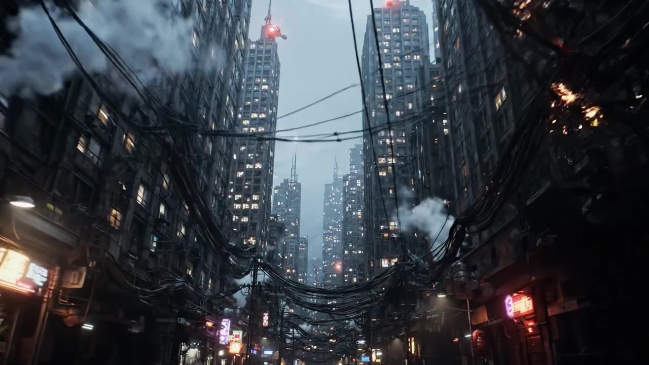 Ett dystopiskt stadslandskap fyllt med komplexa kablar och höga byggnader, som fångar ett mystiskt stadspanorama insvept i dimma och stämningsfull belysning