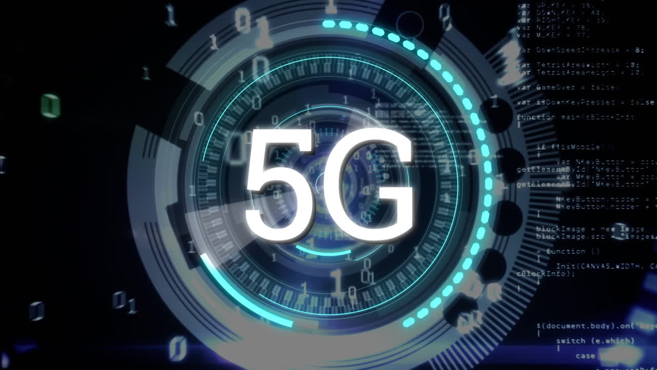 5g scritto in mezzo a cerchi futuristici e codici binari