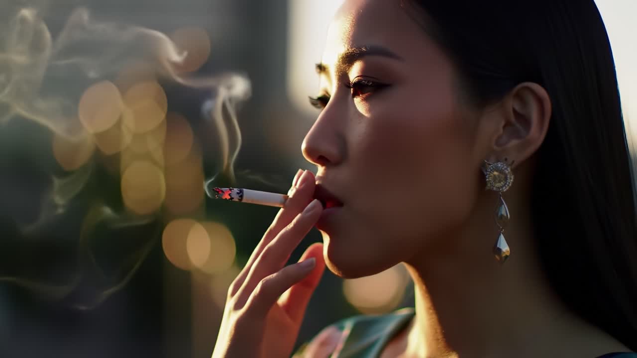 A contemplative woman with an elegant hairstyle and sparkling earrings breathes in smoke as she reflects in the golden light of sunset, capturing a moment of serene beauty