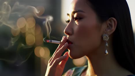 a contemplative woman with an elegant hairstyle and sparkling earrings breathes in smoke as she reflects in the golden light of sunset, capturing a moment of serene beauty