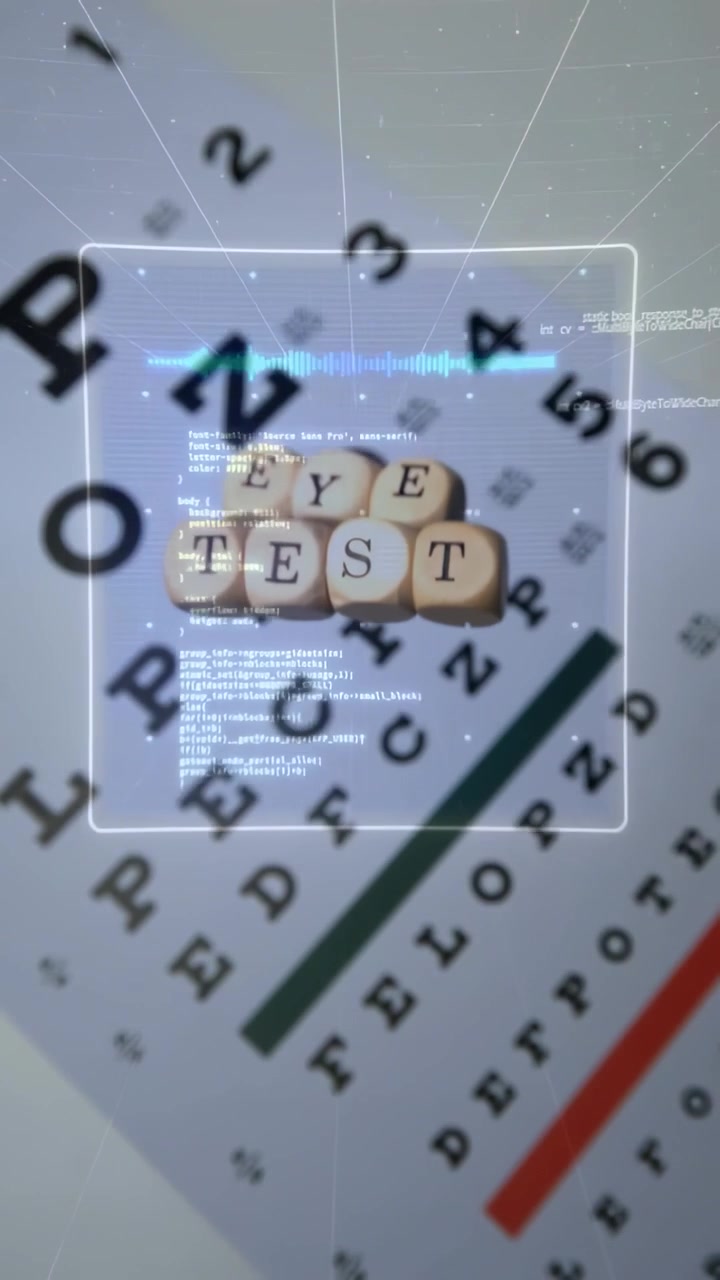 Vertical video: Handheld tilt initiating HUD, Snellen chart and wooden cubes centering for eye test