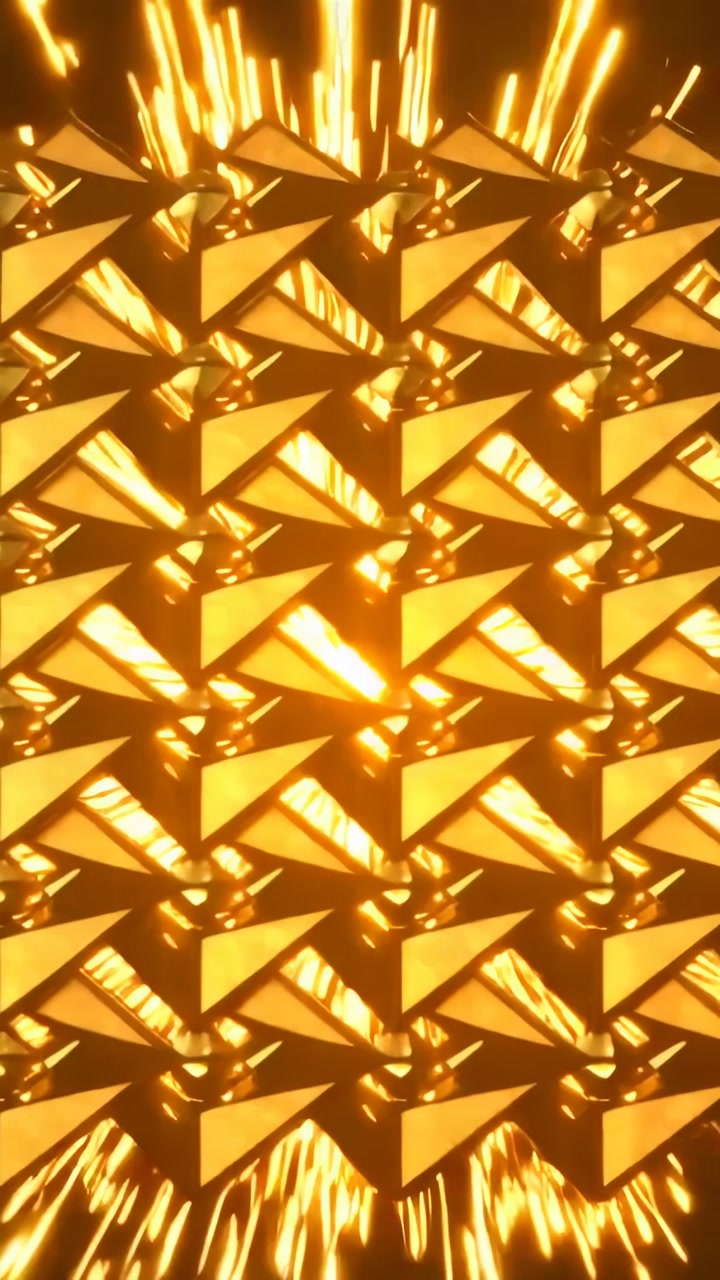 Vertical video: Flashing central flare igniting gold tile lattice erupting into sparks on black