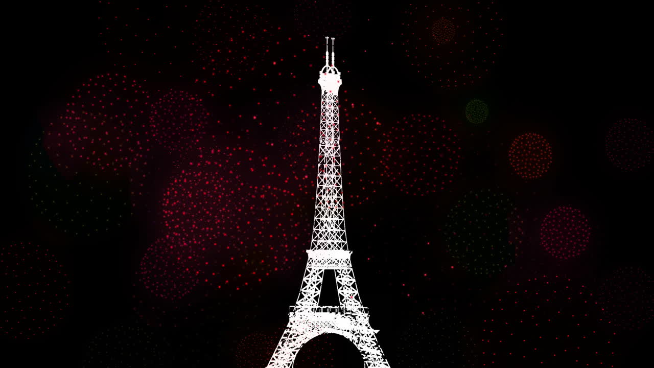 Eiffel Tower animation with red and green light particles on black background