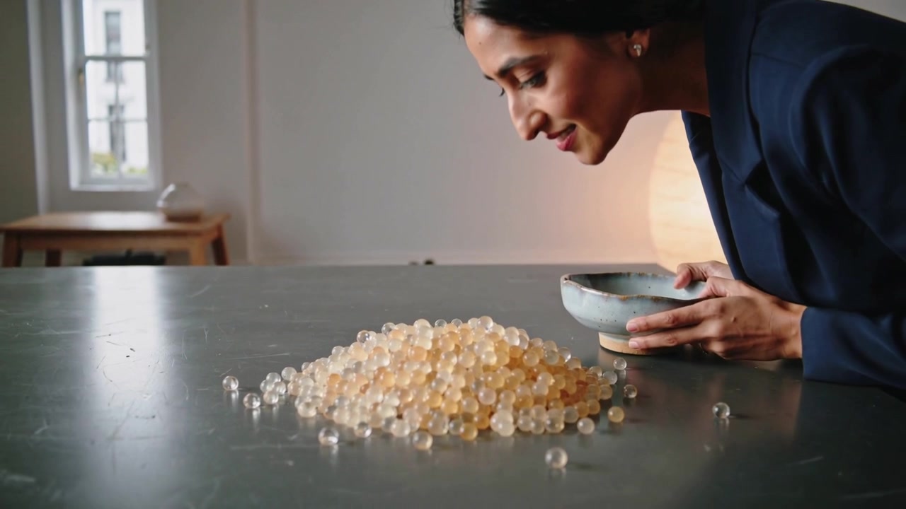 Tilting woman in navy blazer pouring ceramic bowl at table, forming gel bead pile to inspect