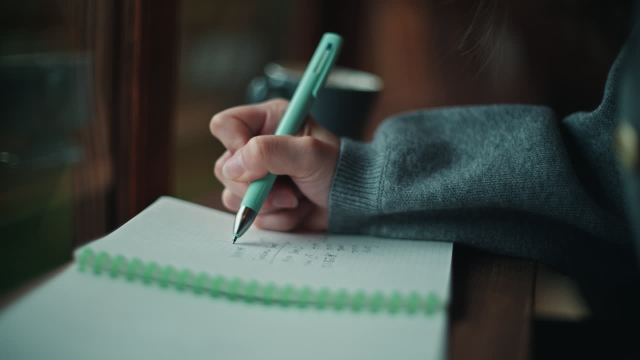 Writing in a notebook at a cafe