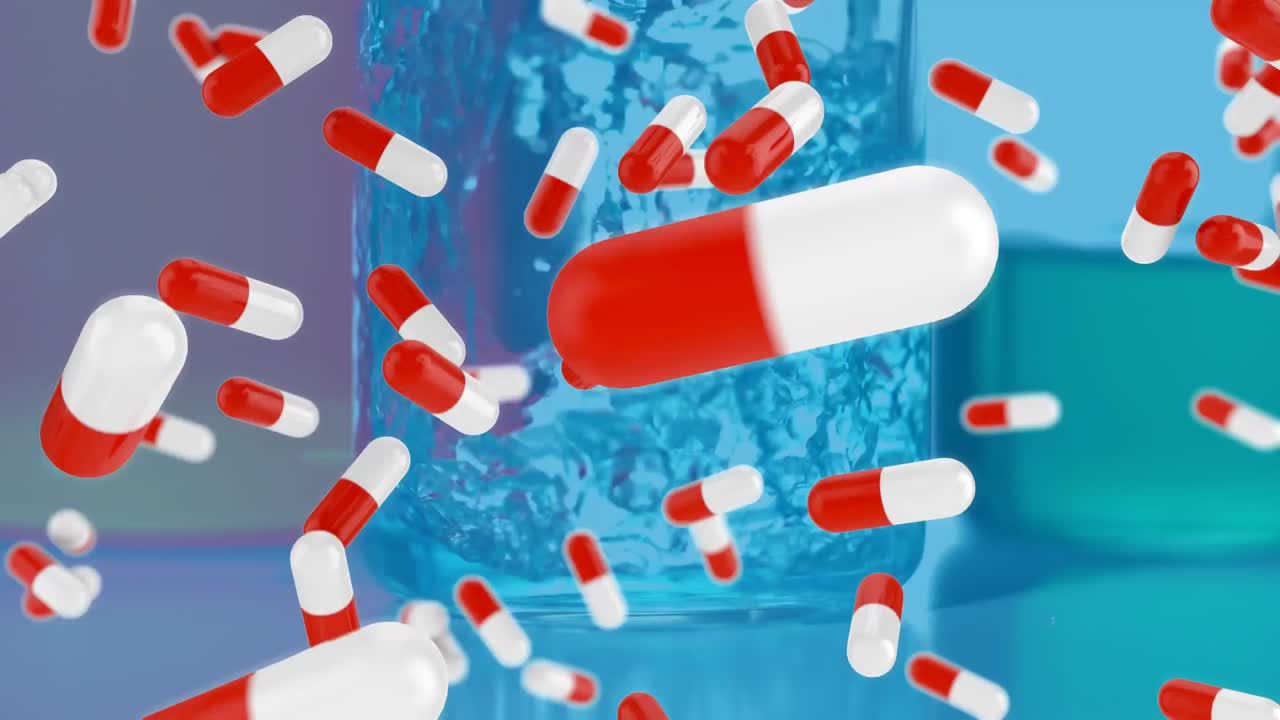 실험실에서 컵에 부어지는 액체 위에 떨어지는 의 애니메이션