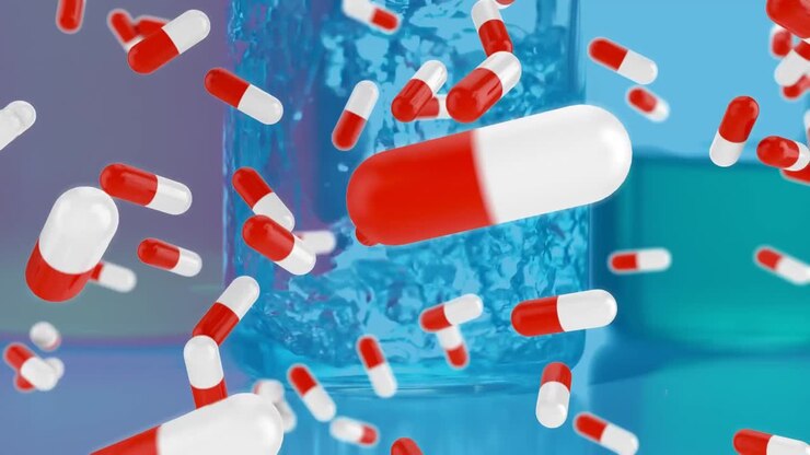 Animazione di capsule che cadono su liquido versato in becher in laboratorio