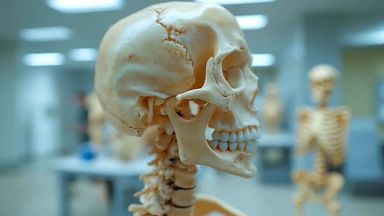 Human skeleton model in class. A detailed human skeleton model is displayed in a classroom setting, showcasing anatomy for educational purposes.