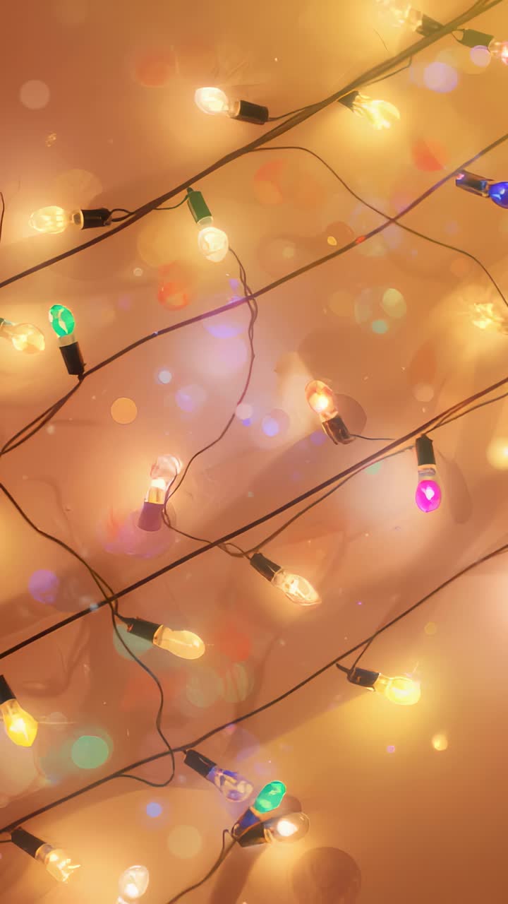 Vertical video: Twinkling colored bulbs shifting with camera tilt on warm wall, creating soft glow