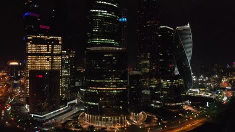 moscow business centre by night with a drone 4k