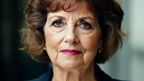 retrato de una mujer madura confiada con cabello castaño corto y ojos verdes