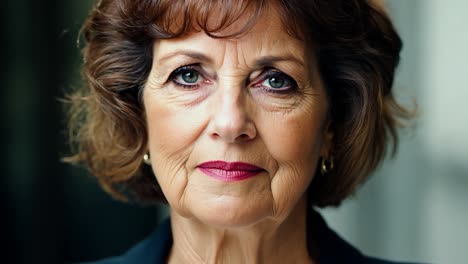 portrait of a confident mature woman with short brown hair and green eyes