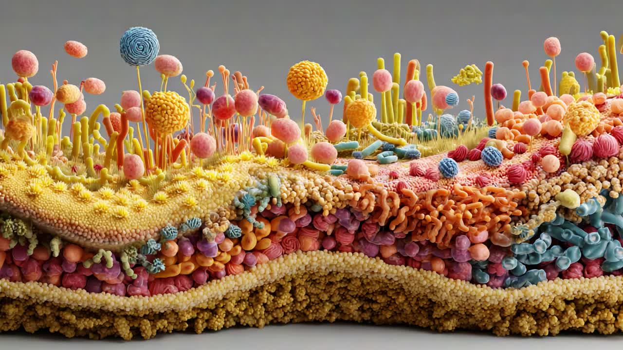 Vibrant Microcosm: A Detailed Artistic Representation of a Cellular Landscape, Showcasing Colorful Structures and Intricate Forms that Reflect the Beauty of Life at the Microscopic Level