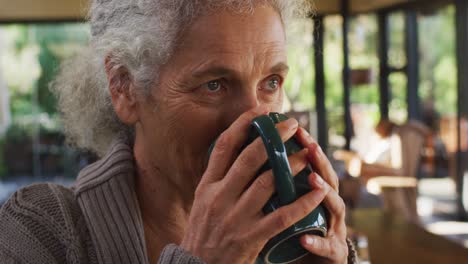 Portrait-of-senior-mixed-race-woman-holding-mug-and-drinking