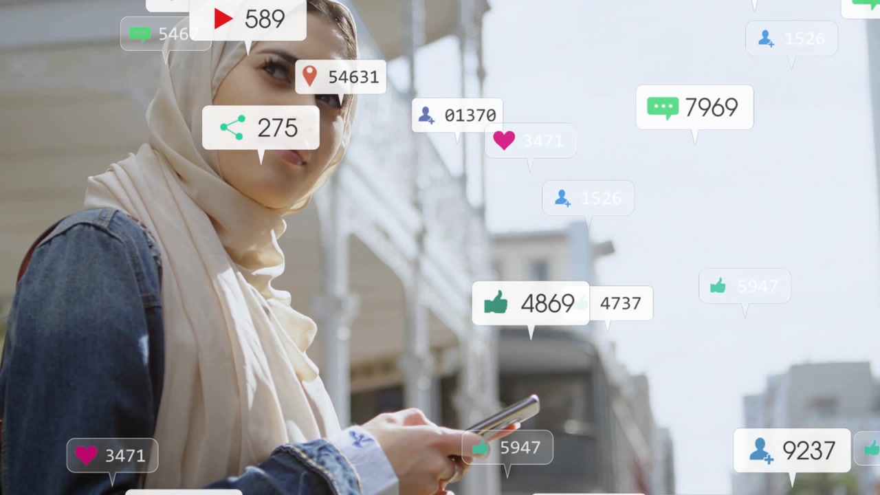 Woman tapping smartphone checking updates, social alerts multiplying outward and obscuring facades