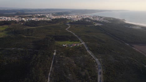 aerial-view-of-a-dense-forest-with-a-road-leading-towards-Nazare,-a-coastal-town-in-Portugal