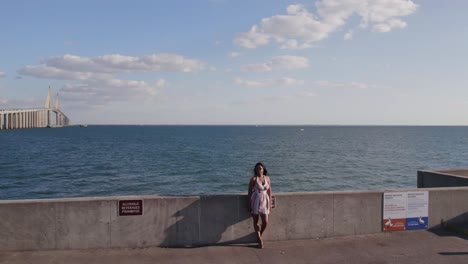 a serene moment of a girl near the shoreline, with the sunshine skyway bridge standing tall behind her in st. petersburg, florida.