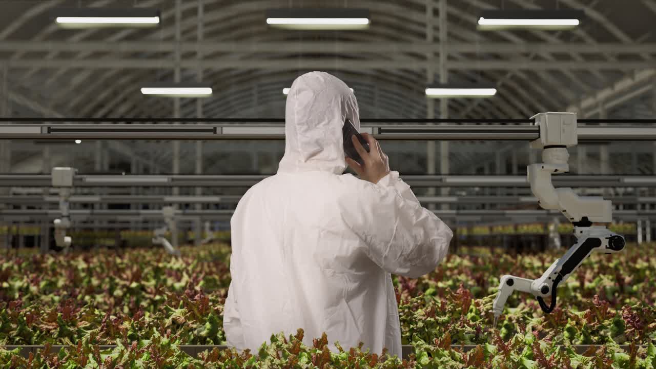 vista trasera de un hombre investigador hablando en el teléfono inteligente mientras está de pie en el invernadero con agricultores robóticos inteligentes