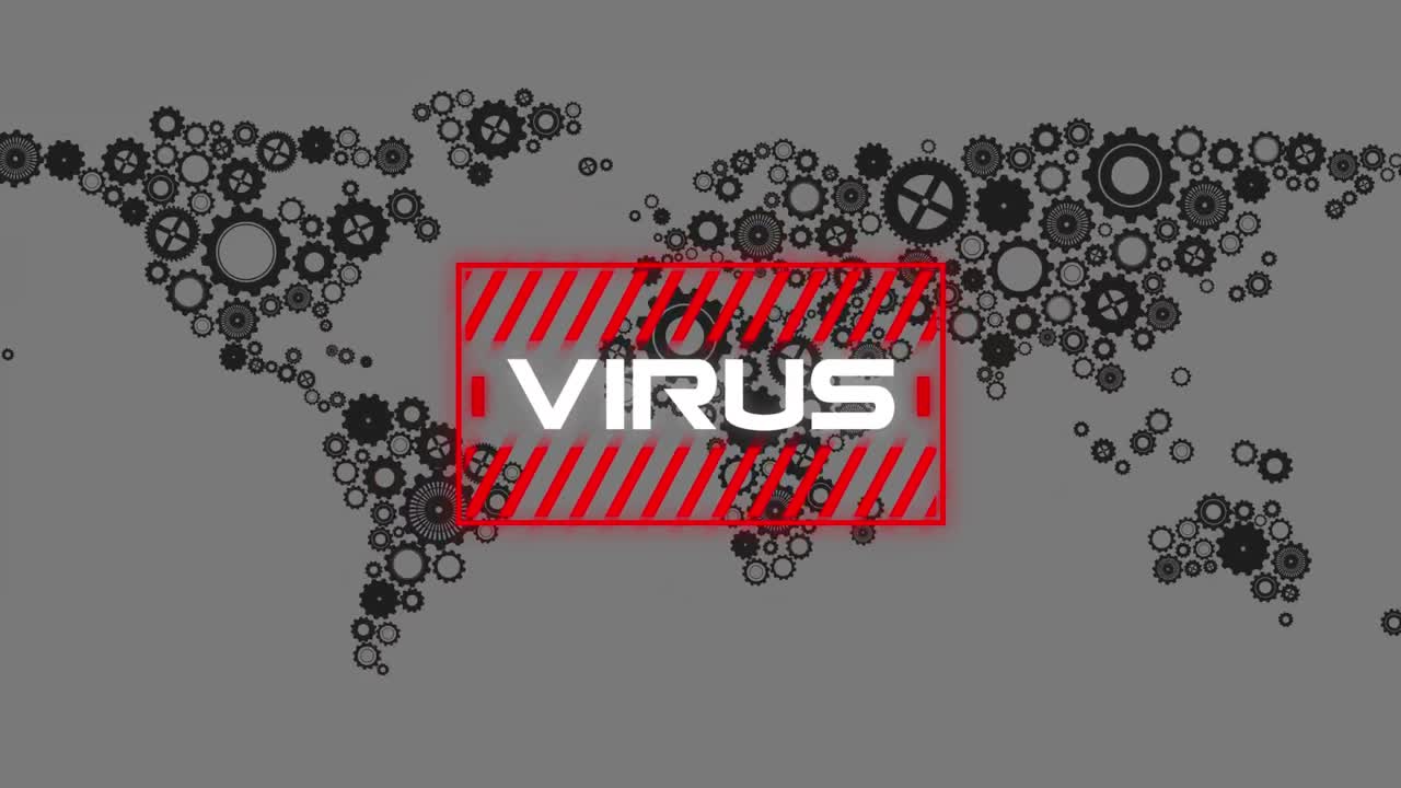 animación del texto de advertencia de covid 19 sobre engranajes y mapa del mundo