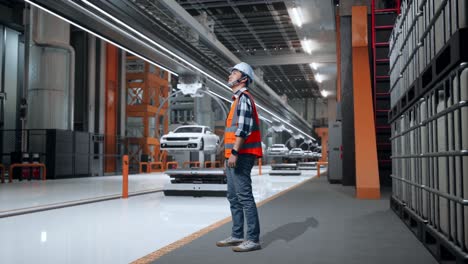vista lateral del cuerpo completo del ingeniero masculino asiático con casco de seguridad mirando a su alrededor mientras está de pie en la fábrica de automóviles ev