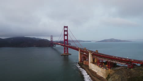 Aerial-view-around-the-Golden-gate-bridge,-cloudy-evening-in-San-Francisco,-USA