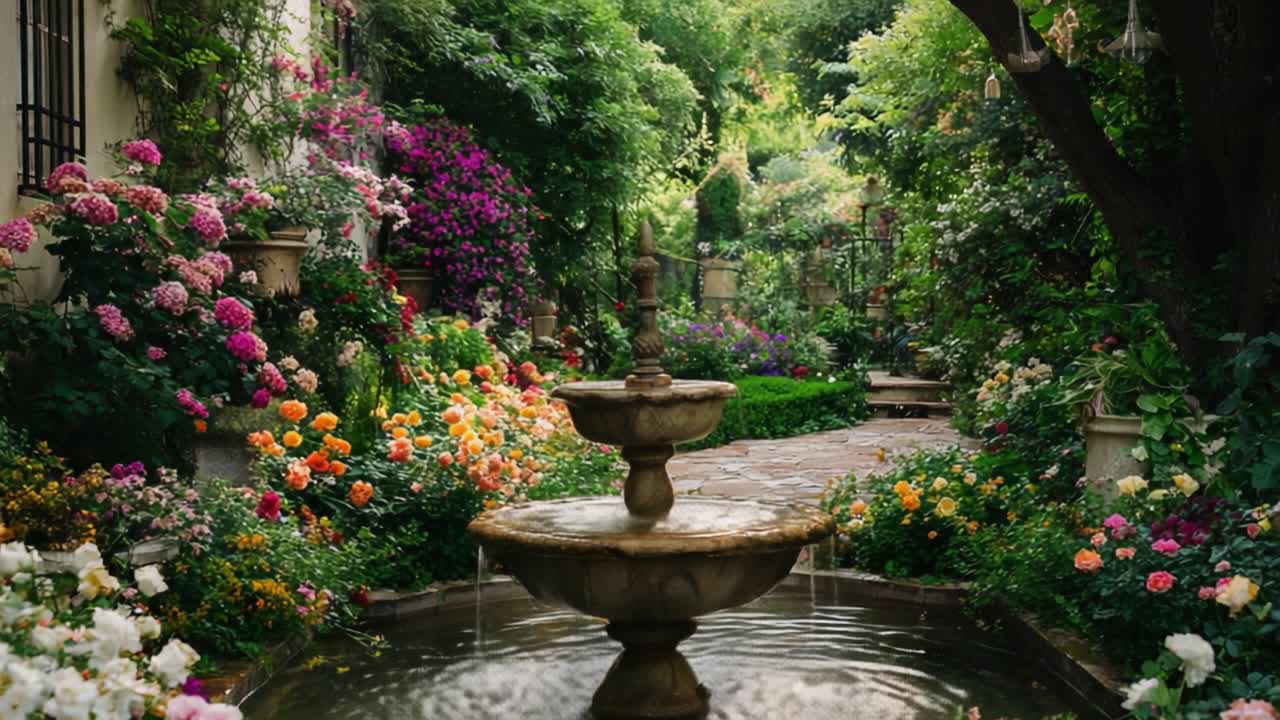 A Serene Garden Oasis with a Central Fountain Surrounded by Vibrant Blooms and Lush Greenery Creating a Tranquil Escape Amidst Nature's Colors